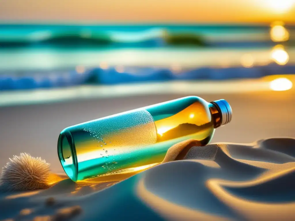 Escena serena de playa con botella de agua y frutas frescas Importancia de hidratación en viaje: Playa serena, aguas cristalinas, botella de agua, frutas y vegetales hidratantes
