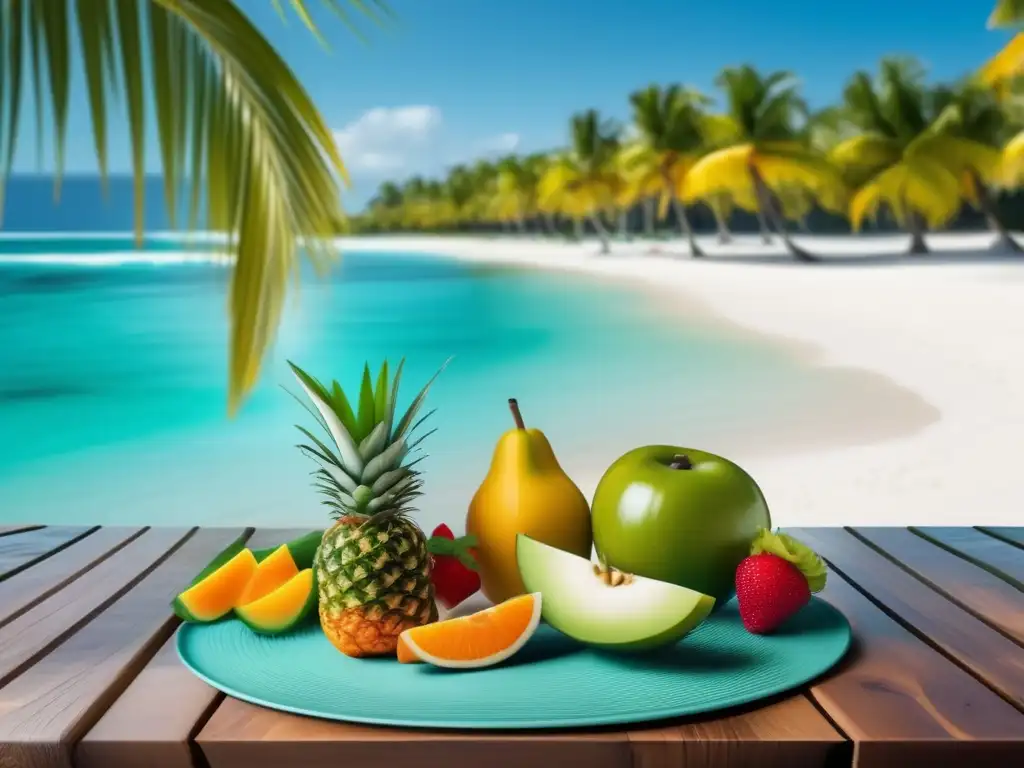 Paraíso tropical con mesa de alimentos Playa serena con aguas turquesas y arena blanca