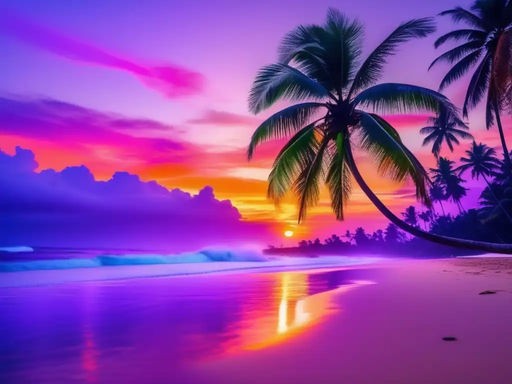 Atardecer tropical en playa paradisíaca Paisaje tropical en atardecer, playa serena con palmeras, hamaca y aguas turquesas