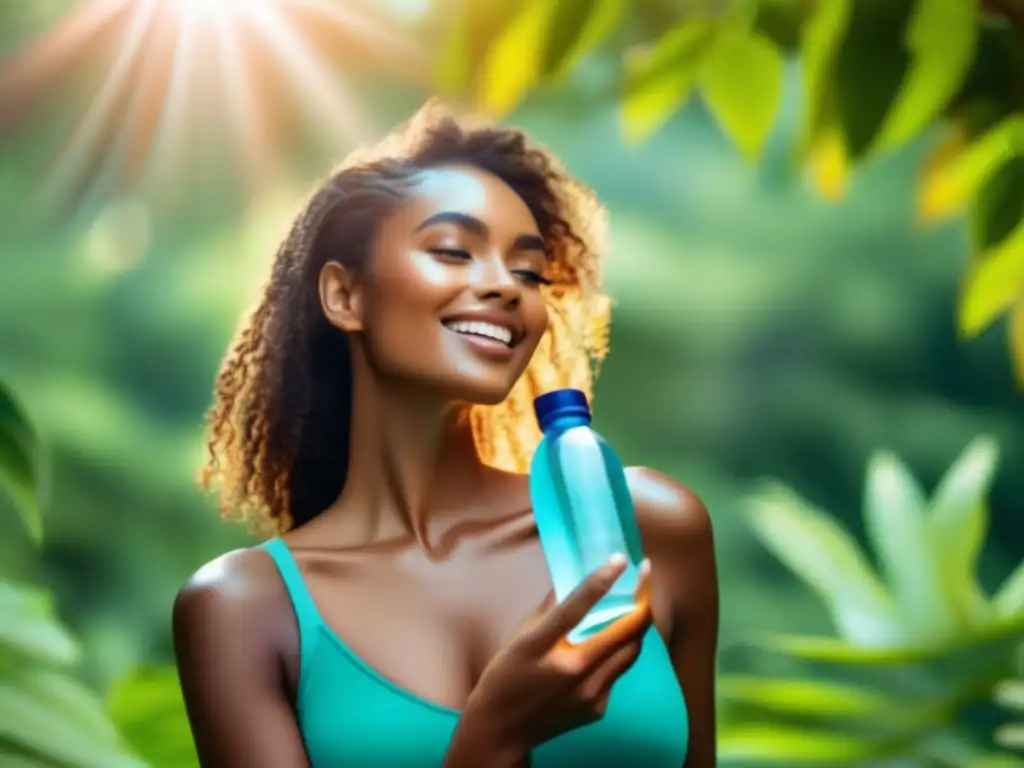 Mujer con piel radiante y saludable resaltada por la naturaleza Mujer con piel radiante y saludable resalta la importancia de la hidratación en viajes