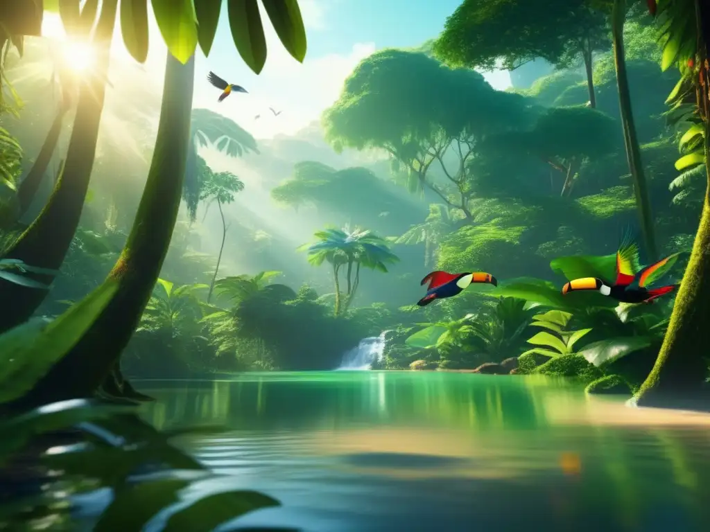 Imagen: Ecoturismo para adultos mayores en un exuberante bosque lluvioso con aves coloridas, arroyo cristalino y puente de madera