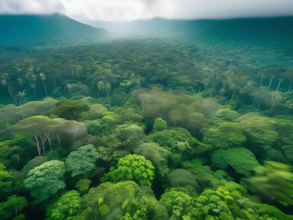 Bosque tropical sereno desde una vista aérea Vista aérea de un exuberante bosque tropical, transmitiendo tranquilidad y ecoturismo para viajeros mayores