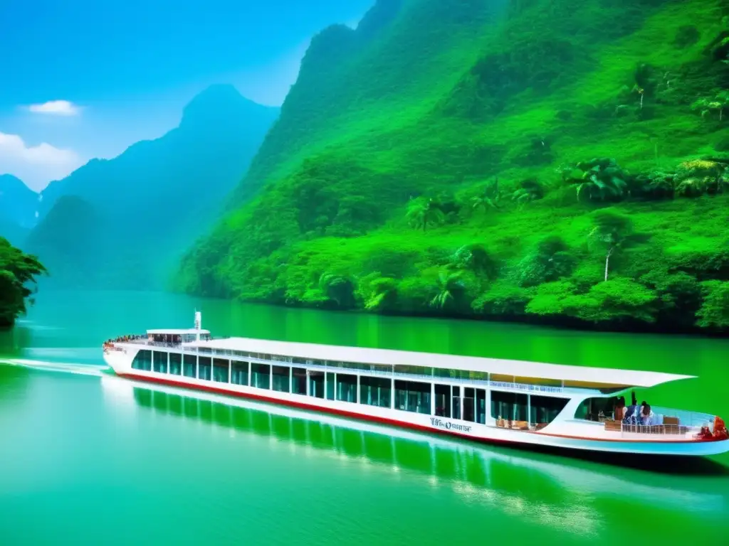 Río sereno rodeado de exuberante vegetación Ventajas cruceros fluviales ecológicos: río, naturaleza, serenidad, comodidad, sostenibilidad