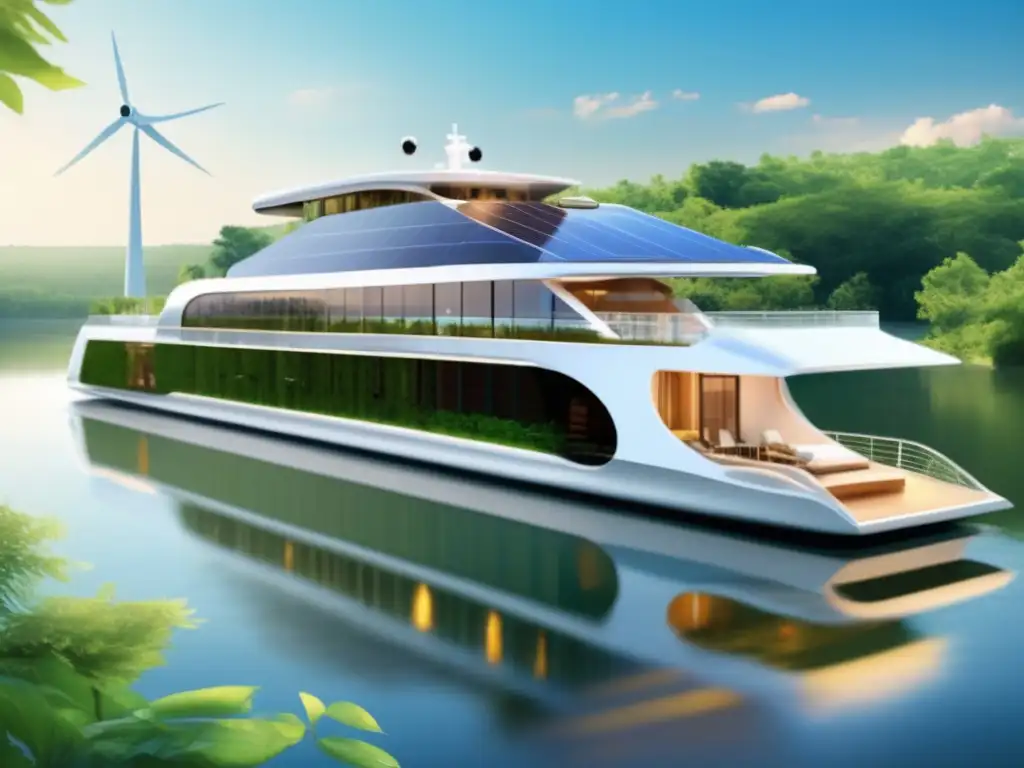 Crucero ecológico por el río Ventajas cruceros fluviales ecológicos: paisaje sereno, barco moderno, diseño sostenible, naturaleza vibrante, tranquilidad