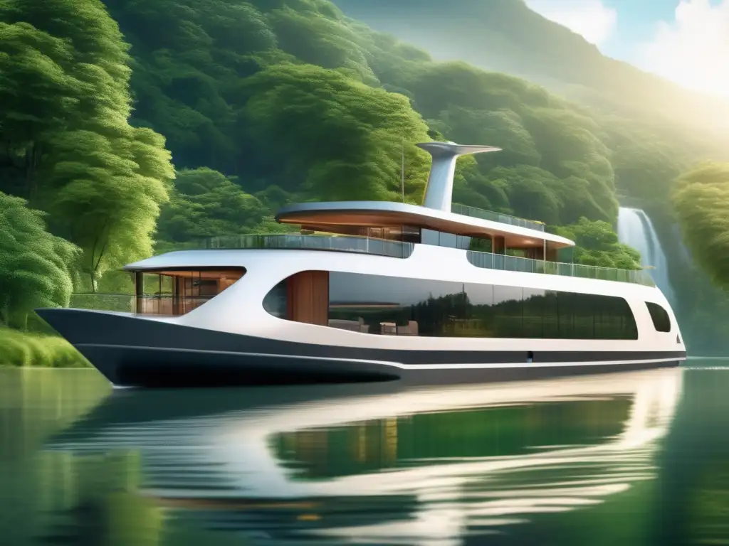 Crucero fluvial ecológico en paisaje verde Crucero fluvial ecológico con vistas panorámicas: ventajas y belleza en un paisaje verde y sereno