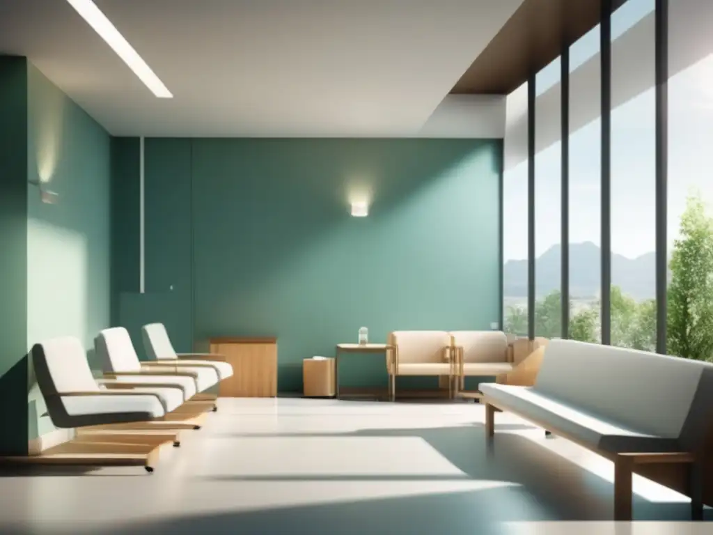 Sala de espera moderna y serena en hospital Una sala de espera de hospital moderna y relajante para el artículo