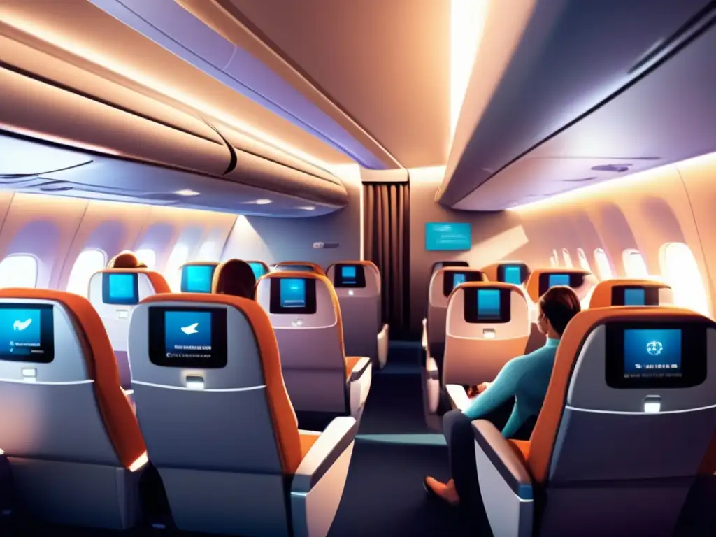 Avión moderno y cómodo con pasajeros saludables Cuidados de salud en viajes largos, cabina de avión tranquila y moderna con pasajeros cómodos y actividades saludables