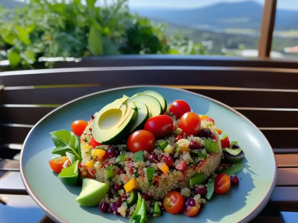 Deliciosa ensalada de quinoa en un café al aire libre Persona disfrutando de un vibrante plato de ensalada de quinoa con vegetales frescos en una cafetería al aire libre - Dieta saludable viaje médico