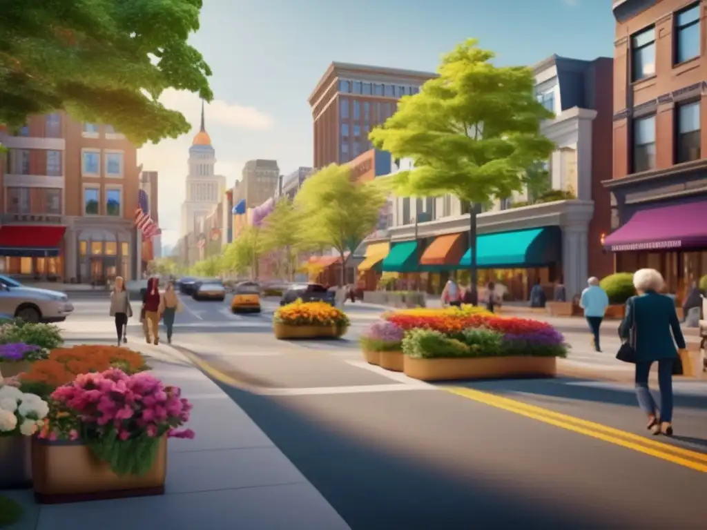 Ciudad segura y amigable para adultos mayores en Norteamérica Ciudades seguras para viajeros seniors en Norte América: calle vibrante con arquitectura moderna y seniors disfrutando de atractivos y comodidades