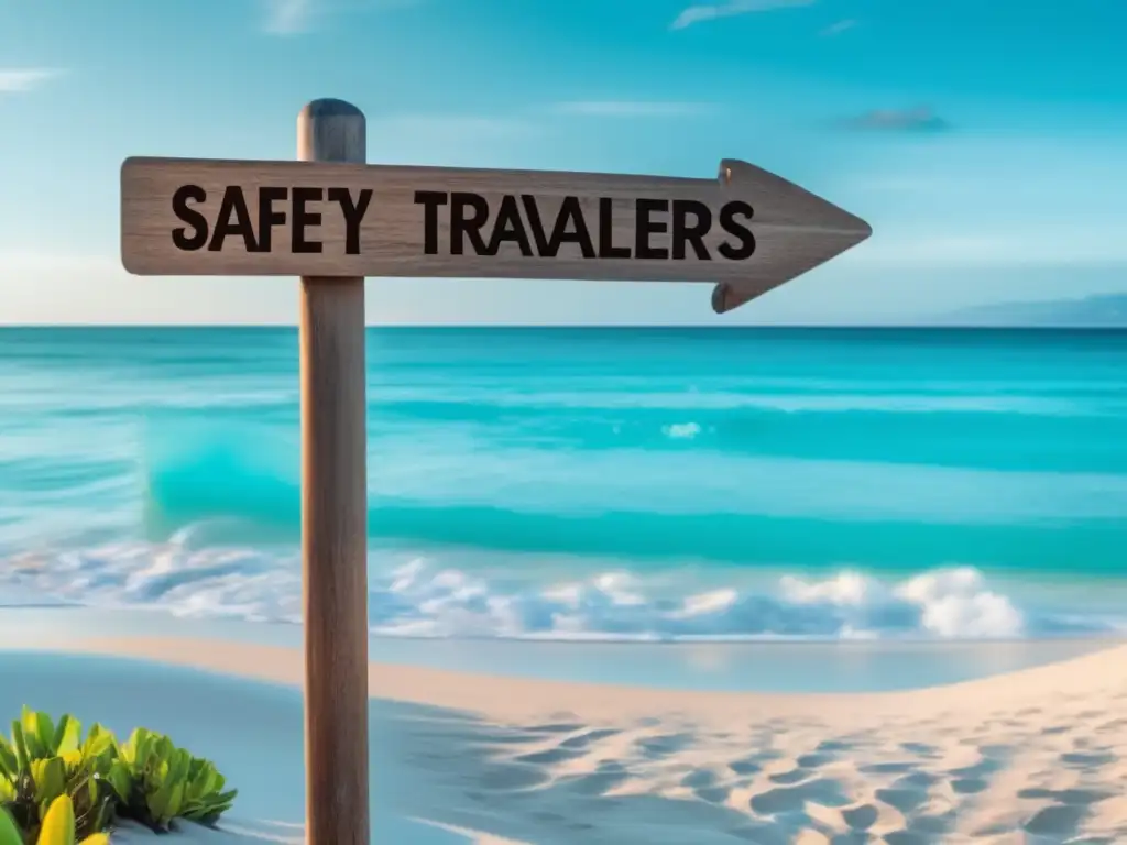 Belleza y seguridad en Oceanía Consejos seguridad viajeros maduros en Oceanía: playa serena, aguas turquesas, señal con tips y seguro de viaje, naturaleza y equilibrio