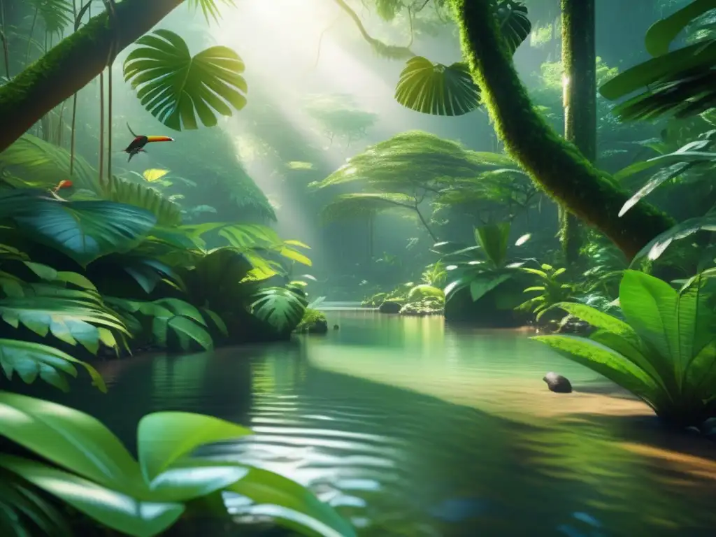 Serena selva tropical con abundante flora y fauna Retiros de meditación en la selva: escena serena y exuberante de un bosque lluvioso, con aves coloridas y un arroyo cristalino
