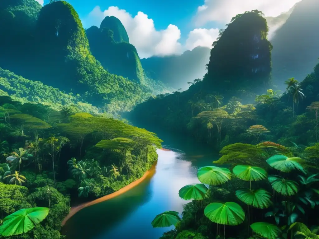 Ecoturismo para envejecimiento saludable en selva tropical con río, árboles, y puente suspensión