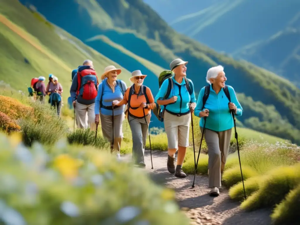 Excursión de senderismo para adultos mayores Consejos para viajes seguros en la tercera edad: Excursión de senderismo con adultos mayores en paisaje montañoso