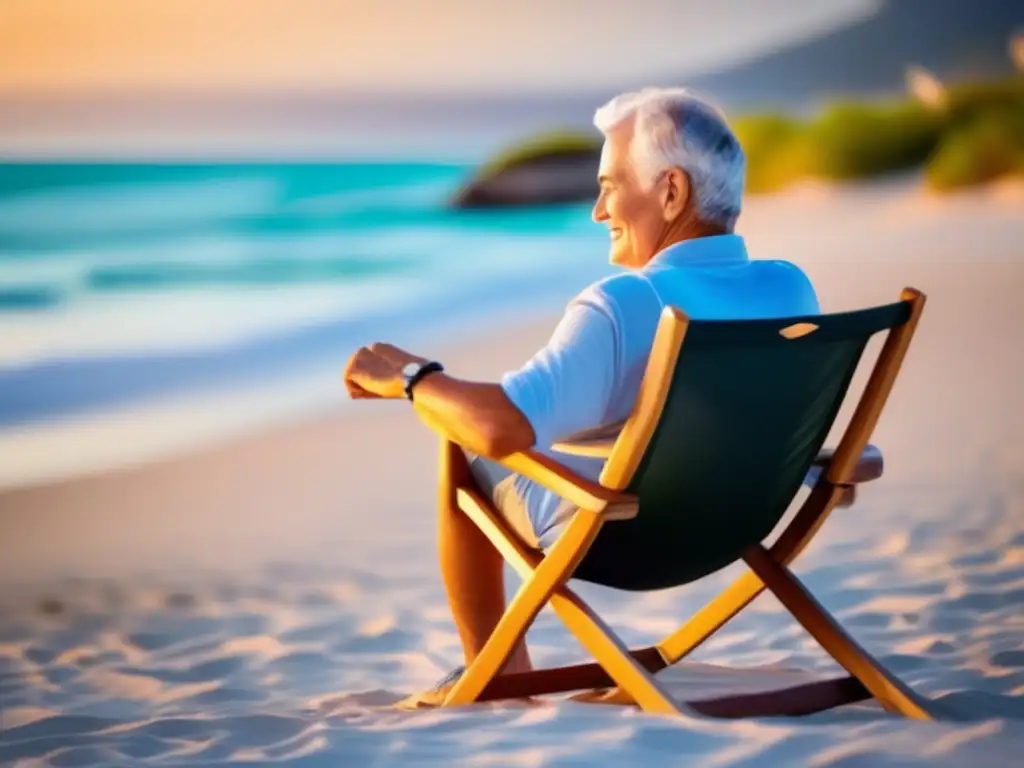 Senior viajero ejercitándose en la playa Ejercicios de silla para viajeros senior en destino paradisíaco