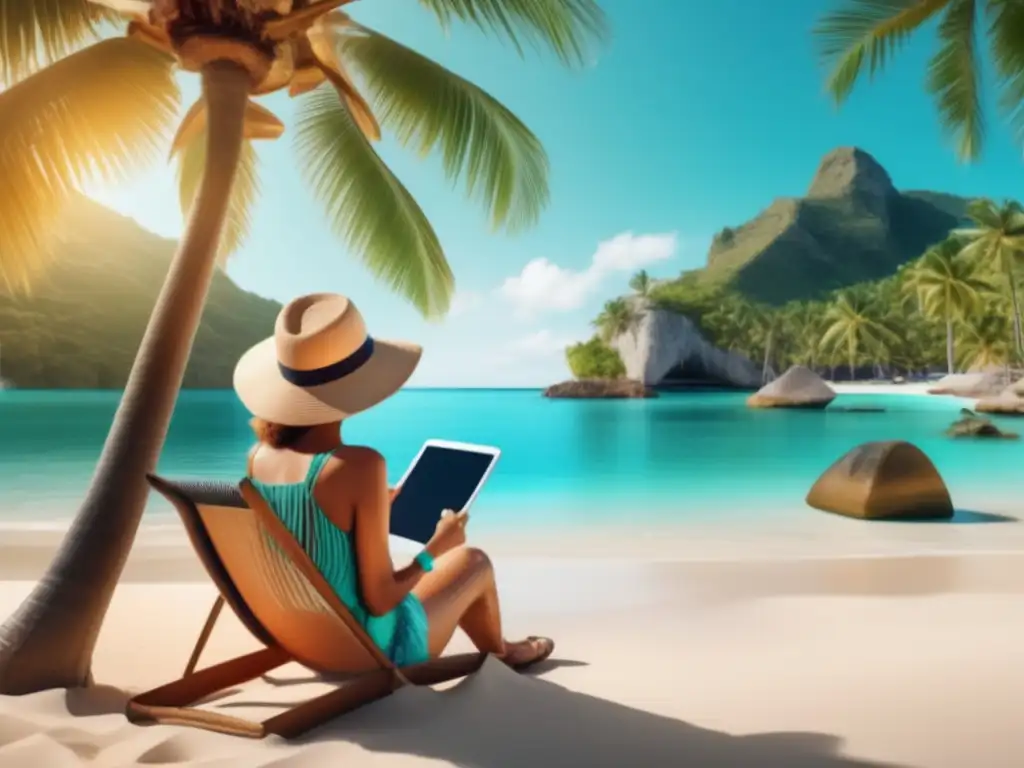 Senior viajero disfruta de la playa con su tablet Tecnología para viajeros seniors en playa paradisíaca