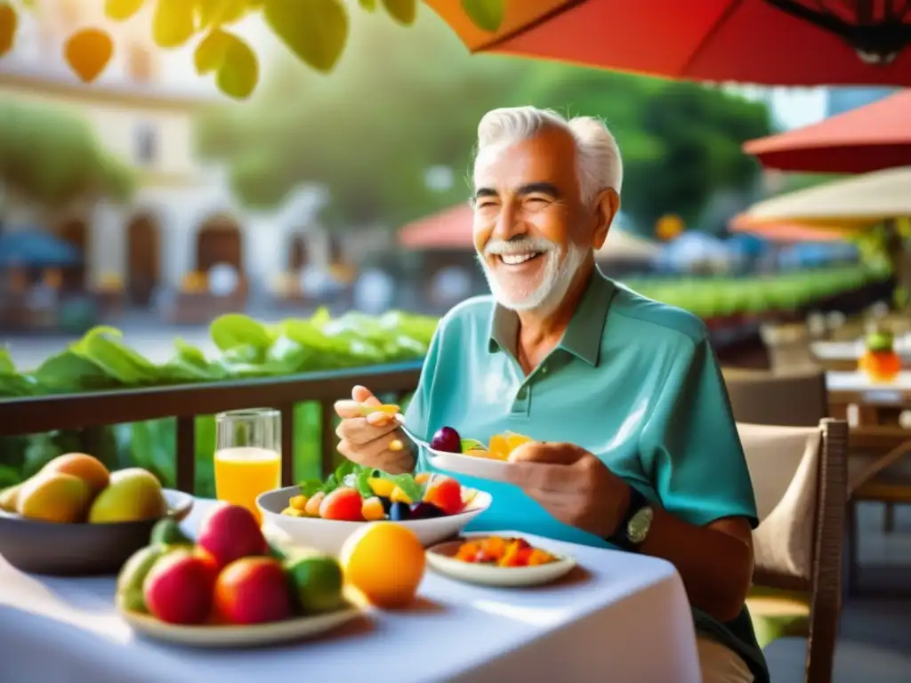 Senior viajero disfrutando comida saludable en un café al aire libre Dieta fibrosa para viajeros senior disfrutando de comida nutritiva y colorida en un café al aire libre