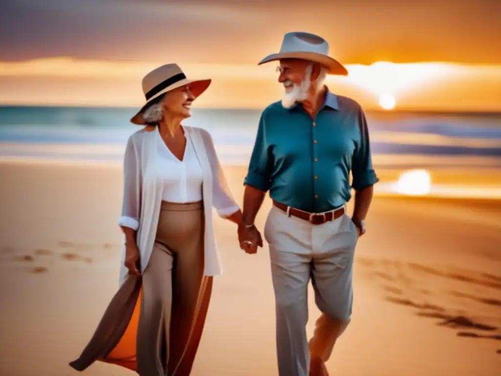 Pareja senior en playa al atardecer, mostrando importancia de ropa cómoda y funcional para viajes seguros