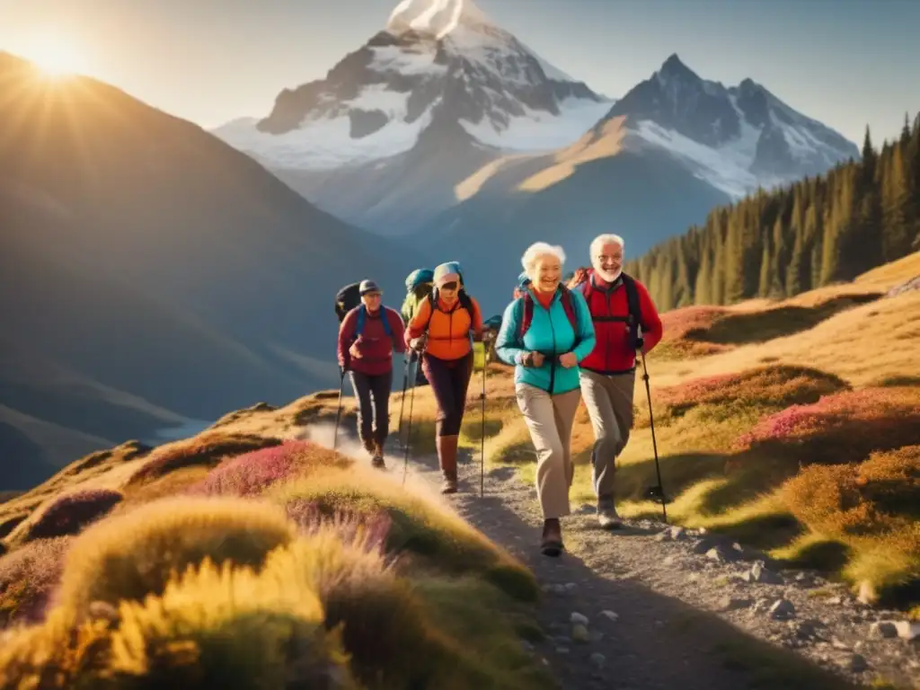 Aventureros mayores disfrutan de la naturaleza y la comida saludable Consejos nutrición viajeros senior aventura: grupo de aventureros senior disfrutando de una caminata en la montaña con paisaje nevado