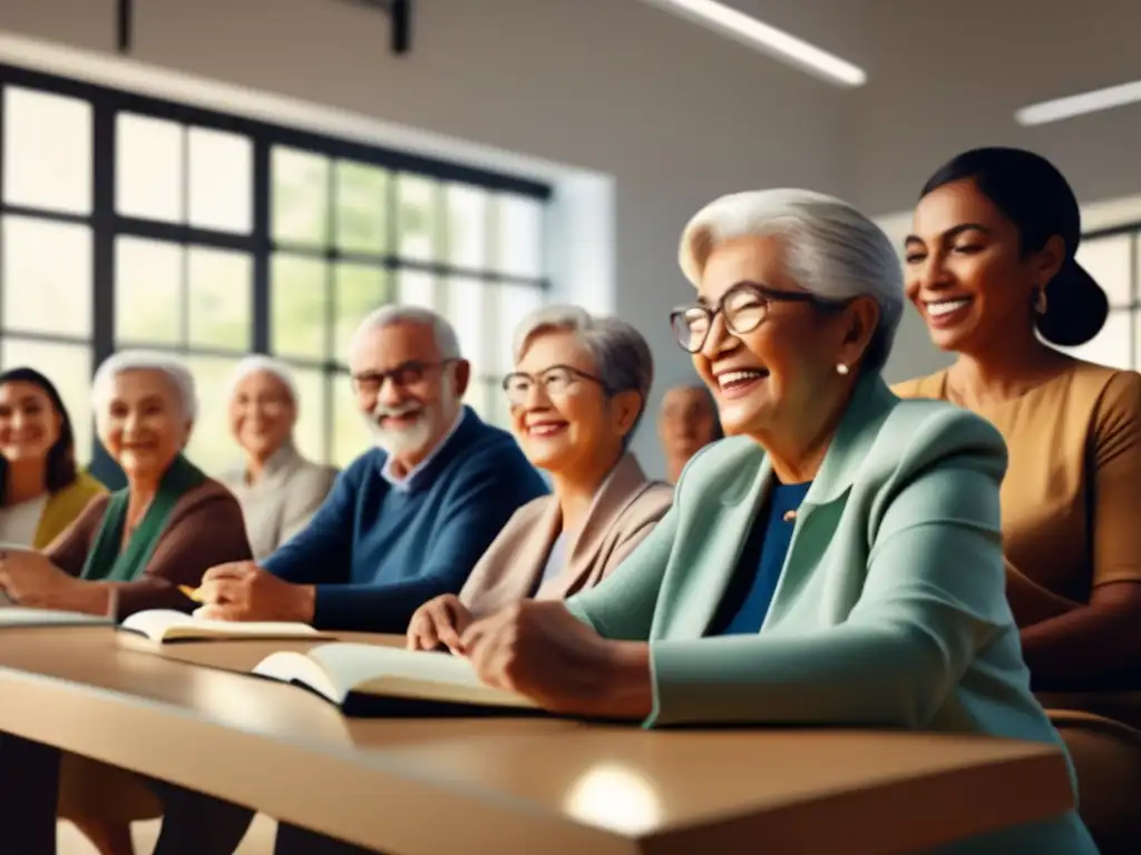 Grupo de mayores aprendiendo idiomas Beneficios viajes lingüísticos adultos mayores en clase de idiomas