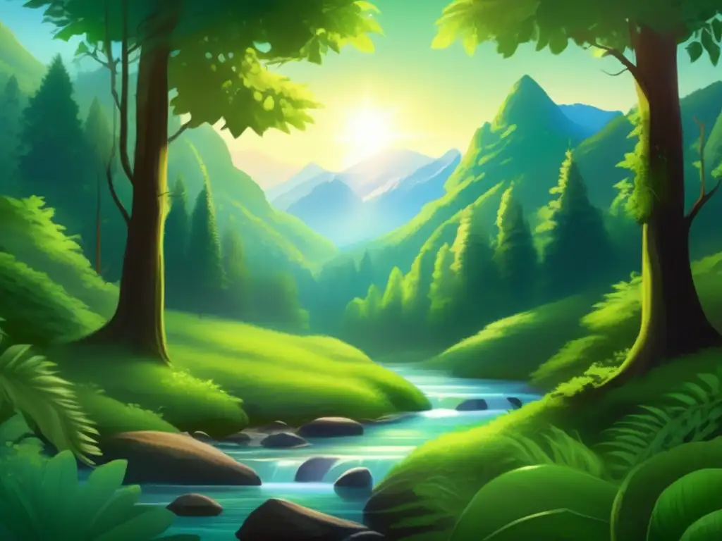Bosque verde sereno rodeado de montañas majestuosas Aventuras ecológicas en una serena y exuberante selva rodeada de majestuosas montañas