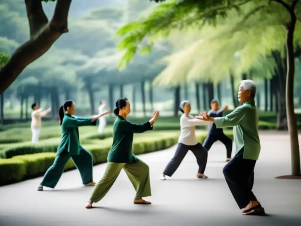 Tranquilidad y equilibrio con Tai Chi Beneficios del Tai Chi para viajeros maduros practicando en un parque sereno y moderno