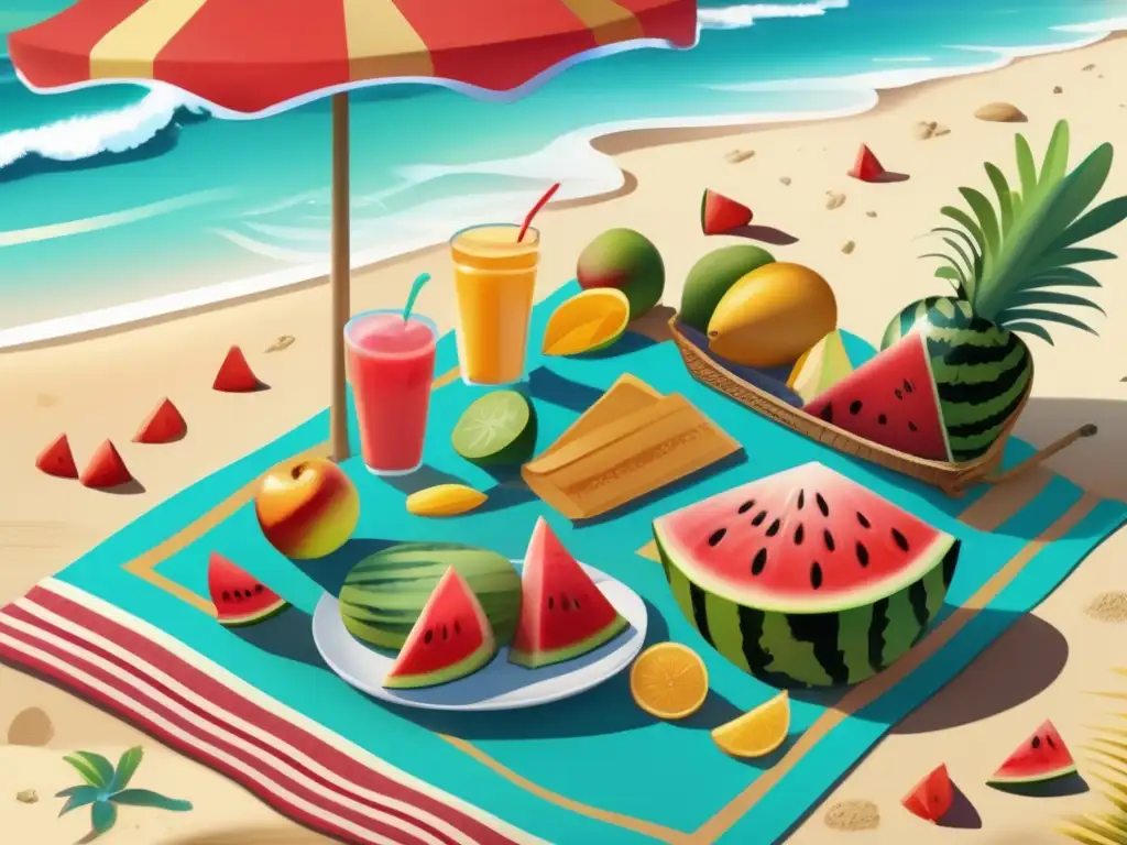 Escena de playa tranquila con comida saludable Escenas relajantes de playa con alimentos saludables para evitar indigestión viajando