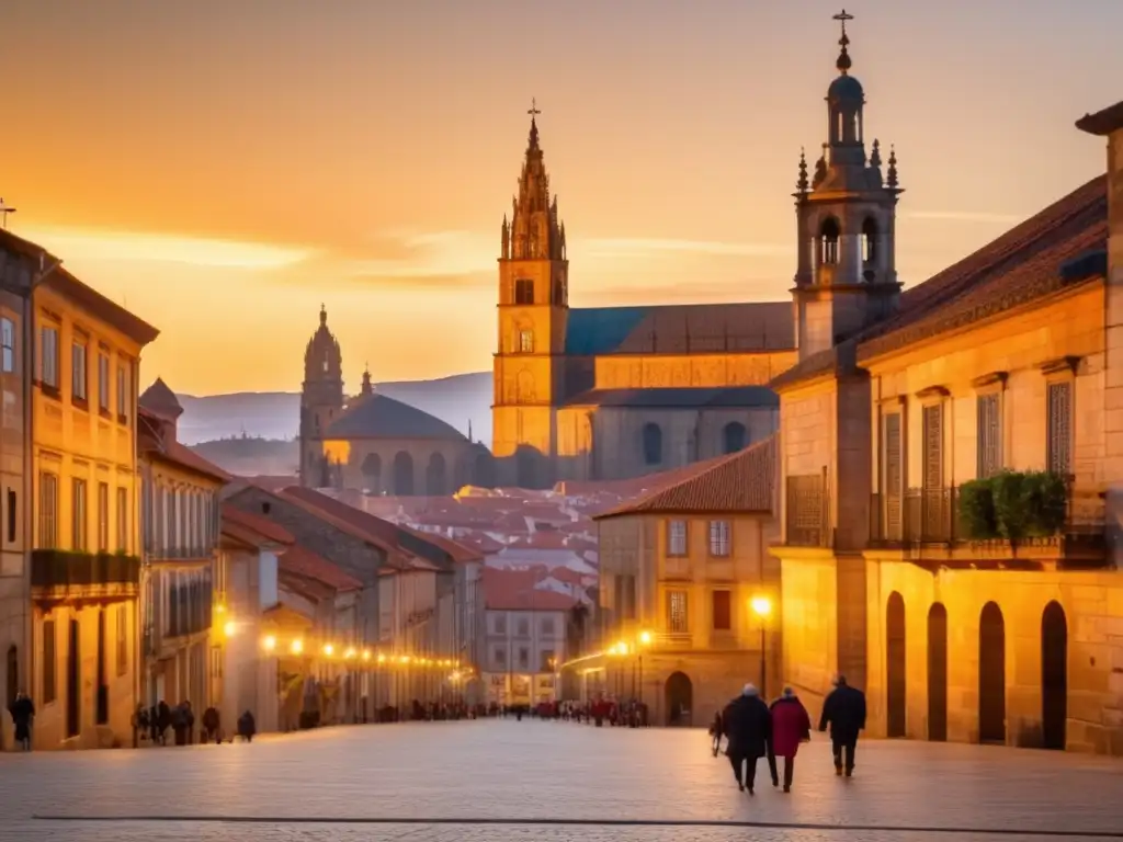 Amanecer sereno en Santiago de Compostela Serene sunrise at Santiago de Compostela with senior pilgrims, showcasing Cathedral and Camino de Santiago