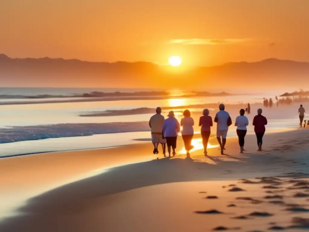 Playa serena, amanecer vibrante, viaje relajado Ejercicios bajos impacto viajeros senior: playa serena, amanecer vibrante, caminata relajada, yoga en naturaleza, armonía y paz