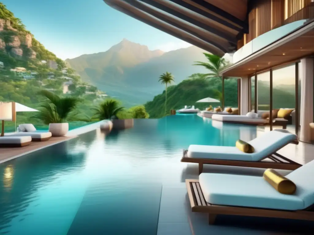 Spa resort de lujo rodeado de montañas y vegetación, con piscina y jardines Preparación viaje balneario mayores en un lujoso resort de spa rodeado de naturaleza y montañas, con piscina cristalina y jardines exuberantes
