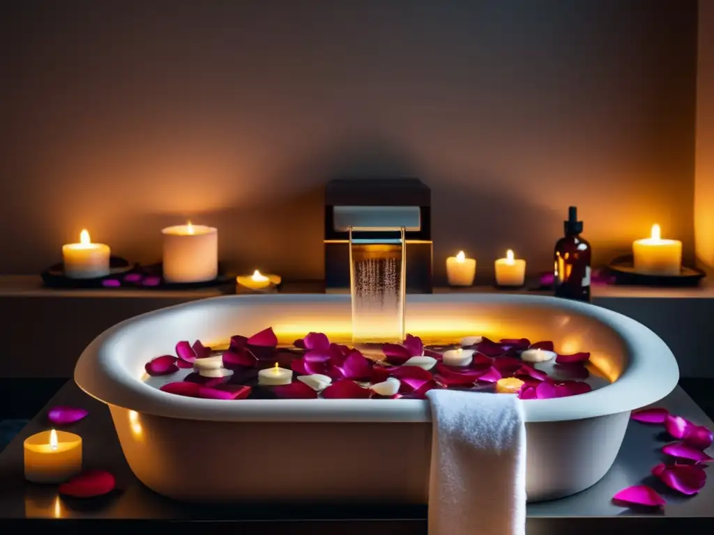 Spa de lujo con bañera moderna y relajante Un relajante spa con bañera moderna, toallas blancas, aceites esenciales y un jardín verde - Consejos para viajeros maduros