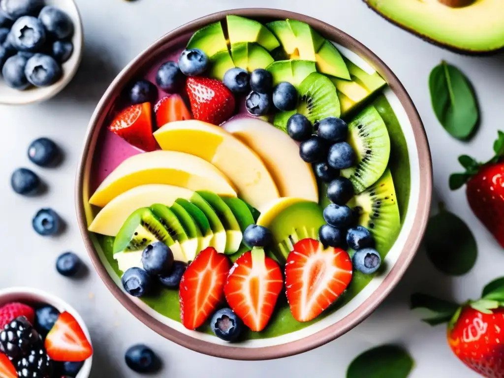 Bowl de superalimentos vibrante y colorido Superalimentos para viajeros maduros: bowl saludable y colorido con frutas frescas, semillas y granola