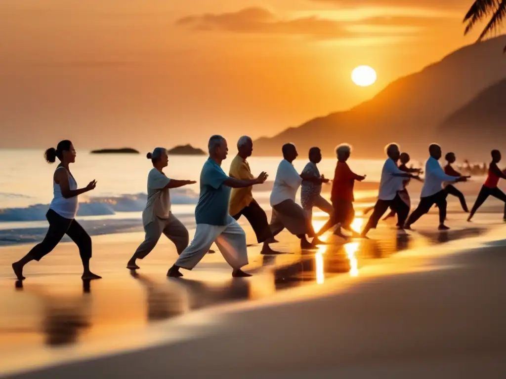 Tai Chi en la playa al atardecer Beneficios del Tai Chi para viajeros maduros en una playa al atardecer