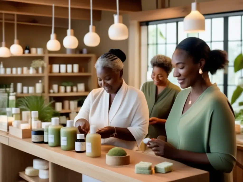 Cosmética natural para viajeros senior, taller creativo en un spa con decoración moderna y productos naturales