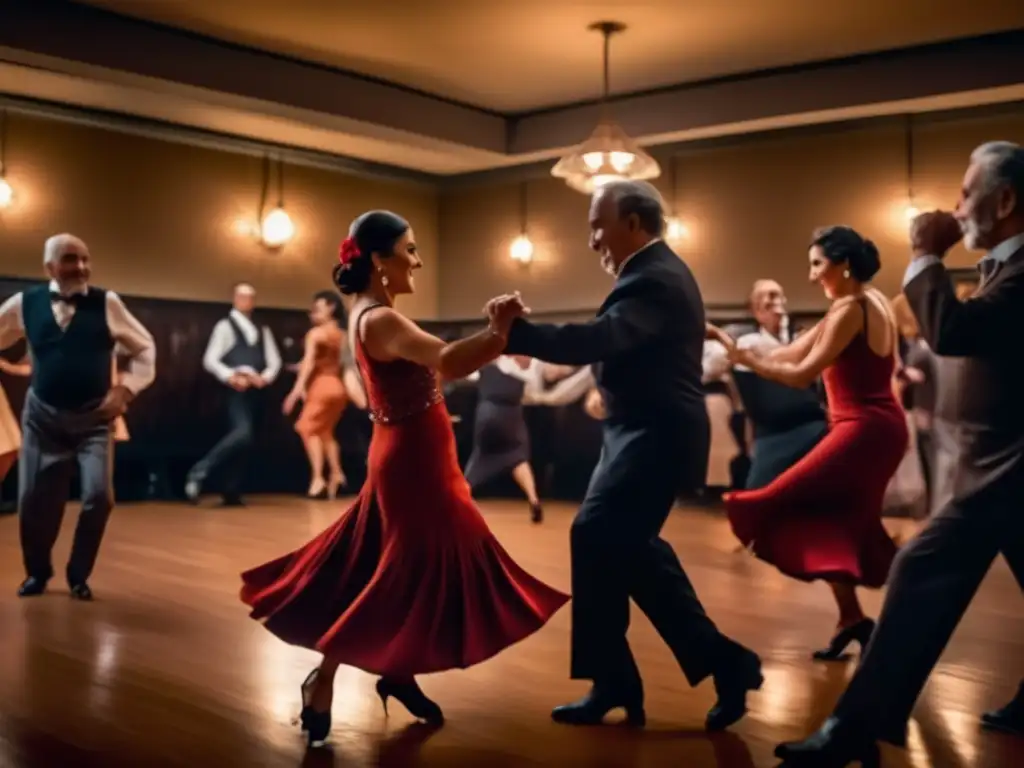 Pareja de ancianos bailando tango Experiencias de tango para seniors en Buenos Aires: grupo elegante bailando con pasión y elegancia en un salón moderno y vibrante