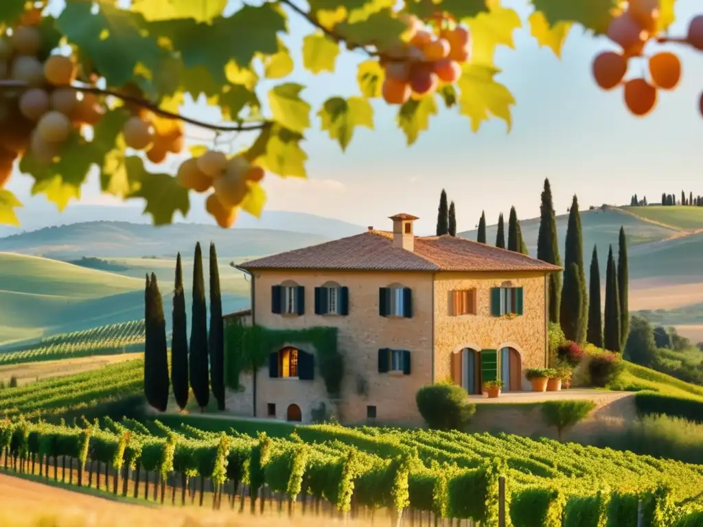 Villa toscana rodeada de colinas y viñedos Viajes en tren para mayores: Rutas espectaculares, villa toscana en colinas y viñedos con paisaje exuberante