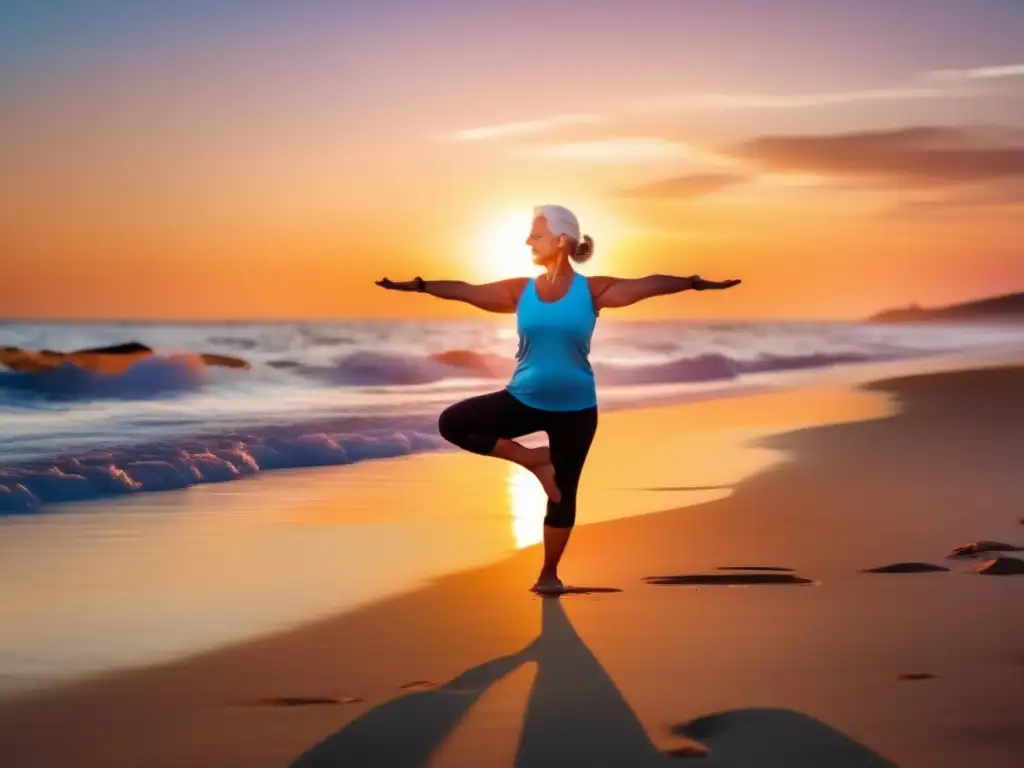 Viajero senior diabético en playa al atardecer Ejercicios seguros para viajeros senior con diabetes en la playa al atardecer
