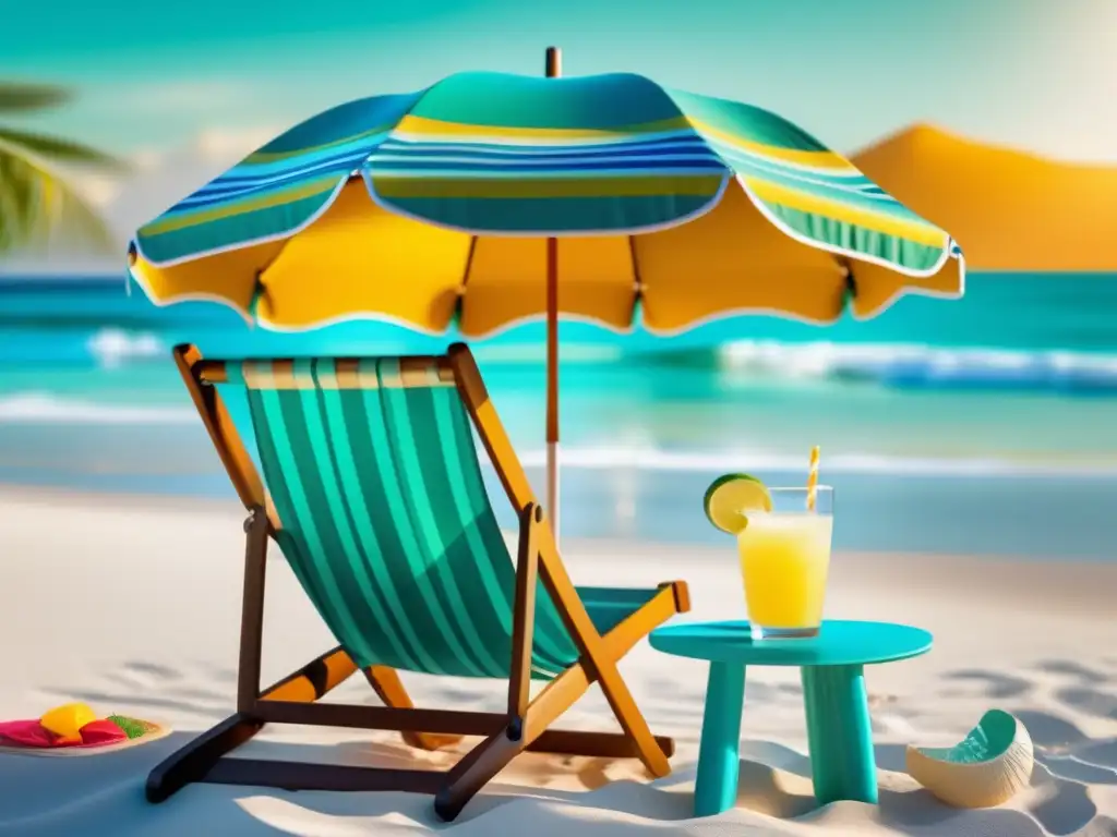 Vacaciones relajantes con artritis Consejos para viajar con artritis: serena playa con silla de playa cómoda, sombrilla vibrante, libro y limonada refrescante
