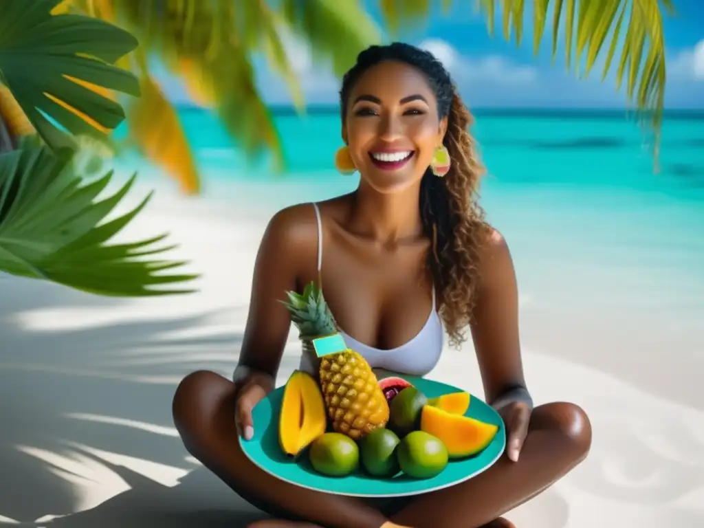 Persona disfrutando de frutas tropicales en la playa Persona en playa tropical con frutas deliciosas y sanas - Consejos para evitar indigestión viajando