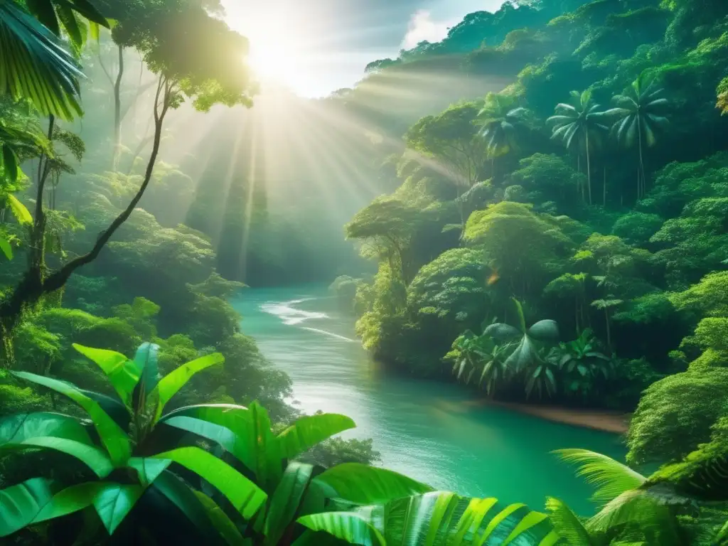 Bosque tropical exuberante con río cristalino Consejos turismo sostenible viajes - Lush tropical rainforest with vibrant green foliage, ethereal rays of light, and a crystal-clear river