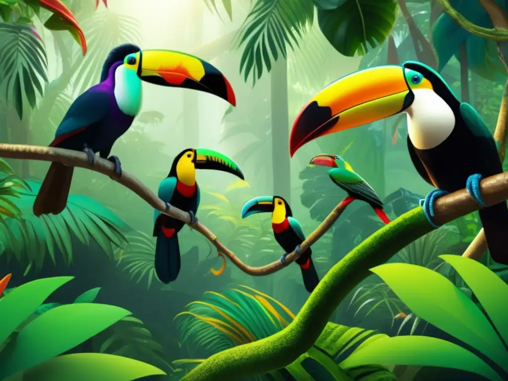Bosque tropical exuberante con aves exóticas Aves exóticas en hábitats naturales para viajeros maduros: Lush tropical rainforest, vibrant plumage, serene beauty