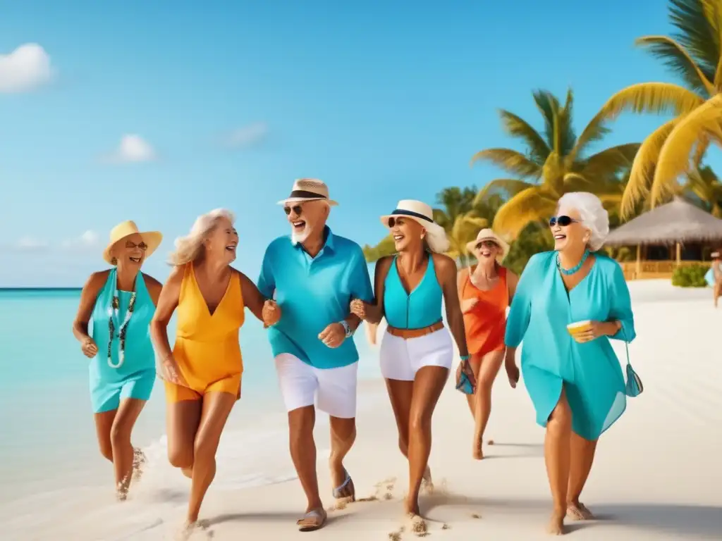 Consejos para viajes de seniors: Grupo de seniors disfrutando una experiencia de viaje en la playa, con alegría y camaradería