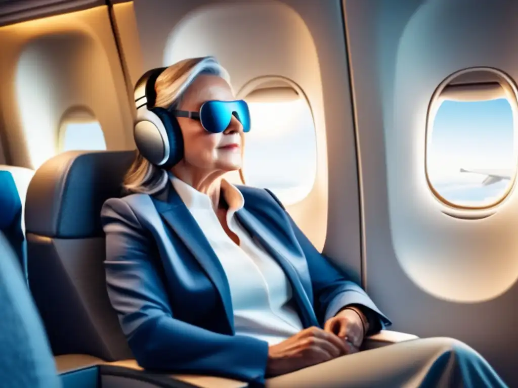 Confort en vuelo con accesorios Consejos para evitar el jet lag en viajes: viajero relajado en avión con accesorios de descanso