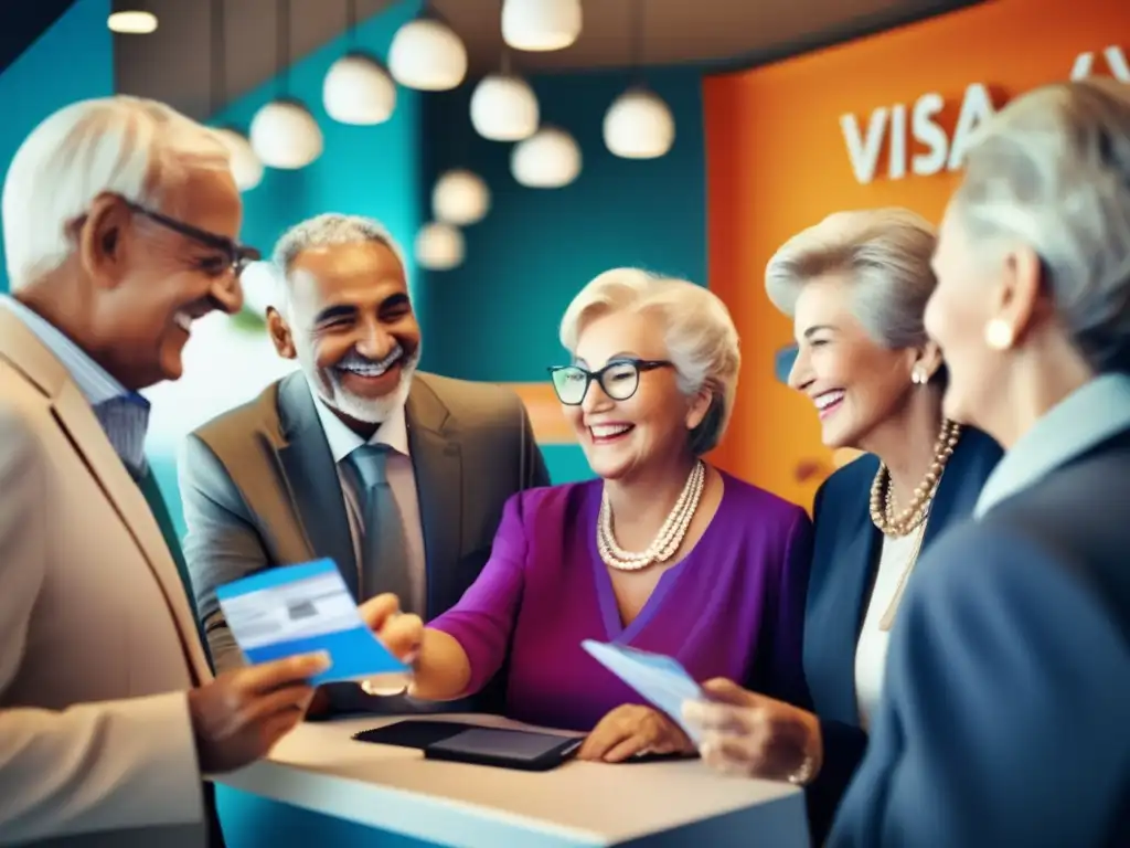 Grupo de seniors felices en agencia de viajes Seniors felices en agencia de viajes, facilitando proceso de solicitud de visados