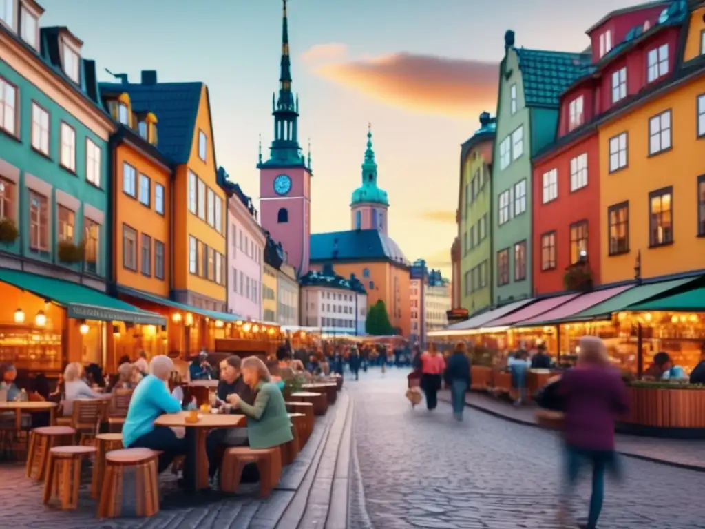Vibrante calle de Estocolmo: diversidad y encanto Aventuras seguras para turistas maduros en Estocolmo - Vibrante imagen 8k de una calle en Estocolmo, con edificios coloridos y cafés al aire libre