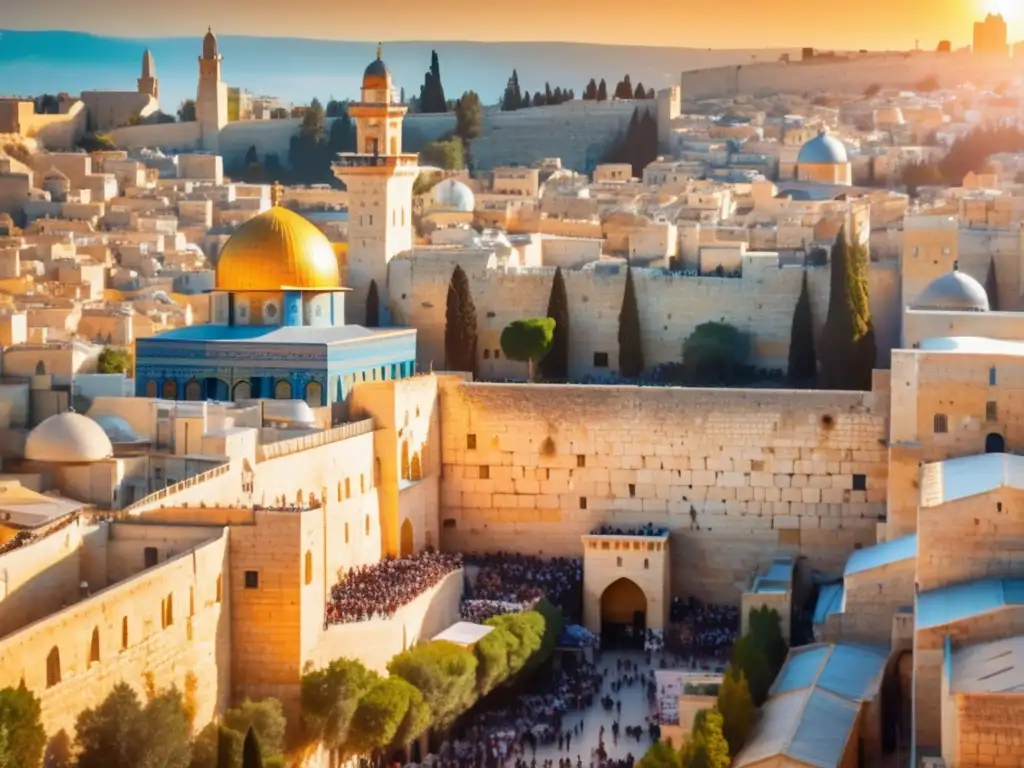 Vista detallada de la antigua Jerusalén Guía de viaje senior Jerusalén: Una imagen de Jerusalén, la ciudad antigua y moderna en armonía, con el Muro de los Lamentos, el Domo de la Roca y calles de piedra iluminadas por el sol matutino