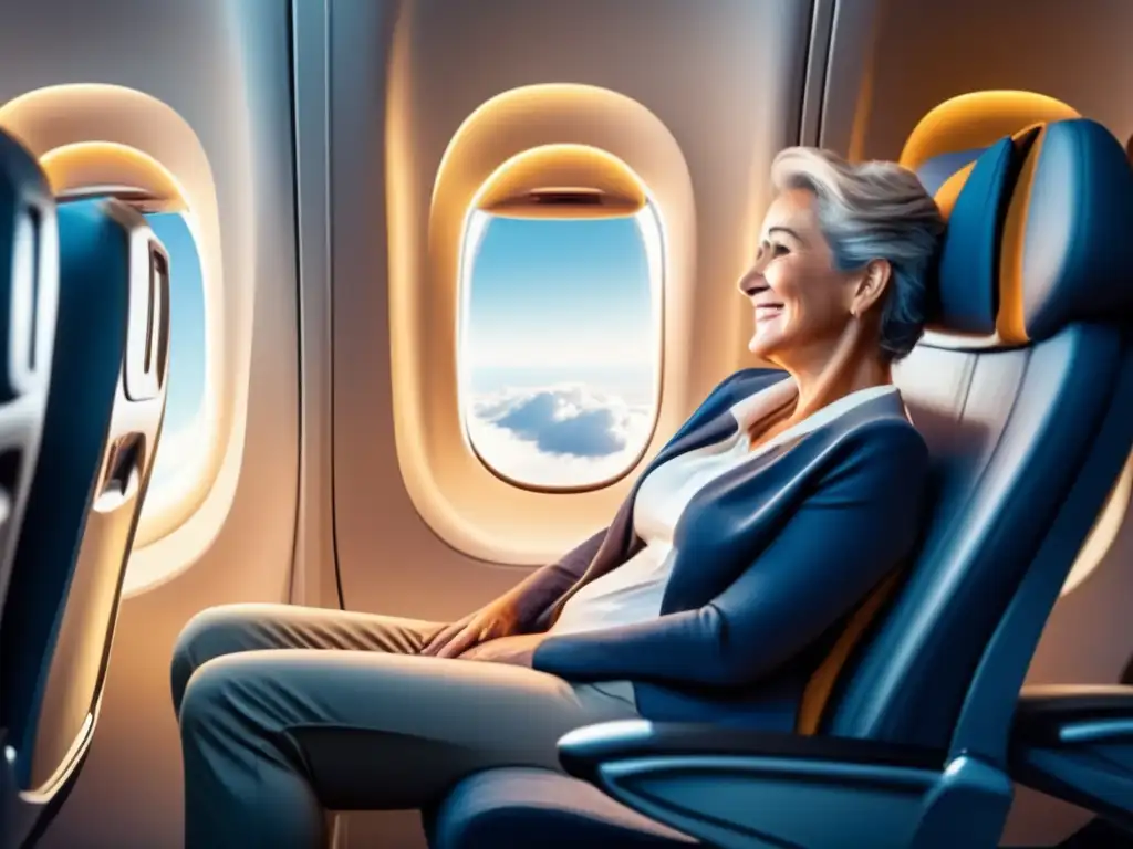 Viajero activo en avión, estirándose Ejercicios en avión para viajeros maduros: viajero haciendo estiramientos en el asiento, con postura correcta y cinturón abrochado