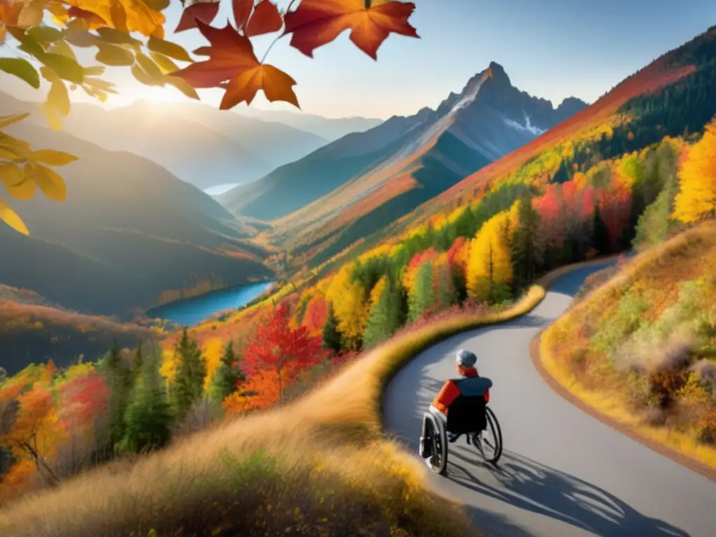 Senderismo accesible en paisaje otoñal Consejos para viajar con movilidad reducida en paisaje montañoso accesible con colores otoñales vibrantes