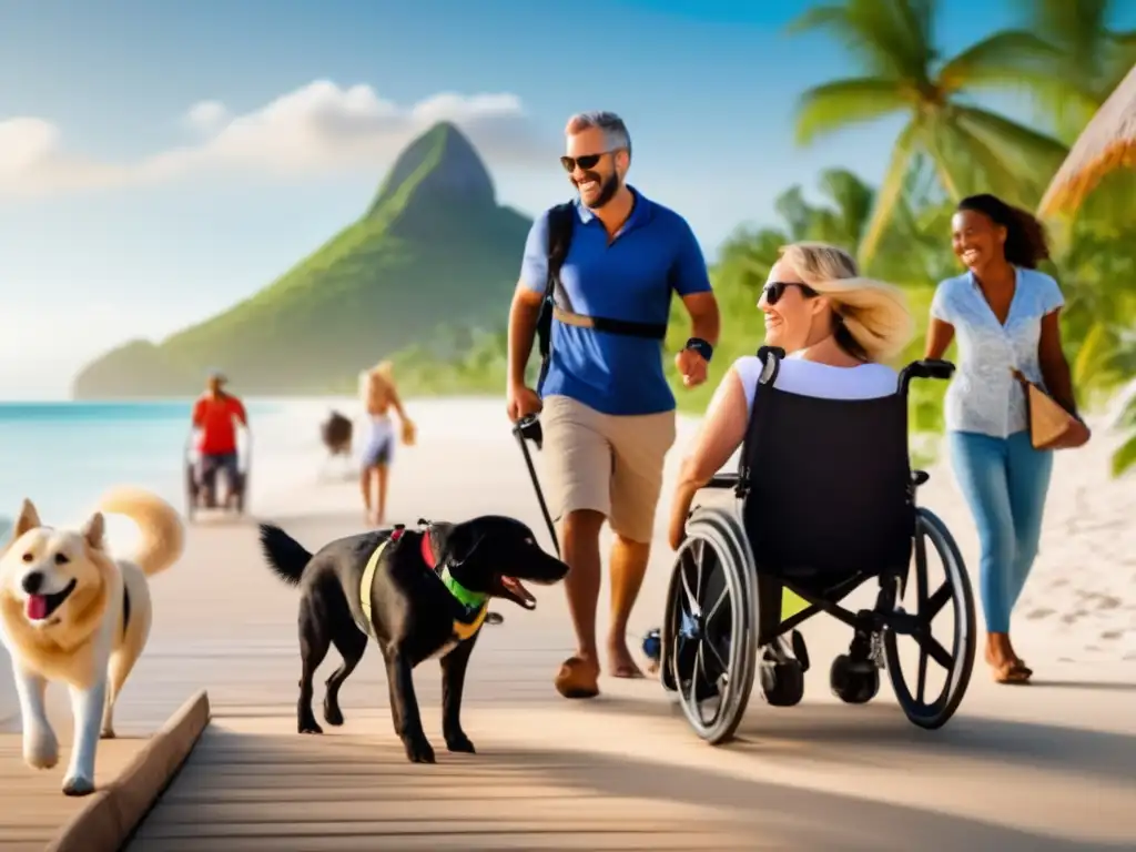 Viajeros con discapacidad exploran destino tropical Grupo diverso de viajeros con discapacidad explorando un destino tropical: Seguros de viaje para personas con movilidad reducida