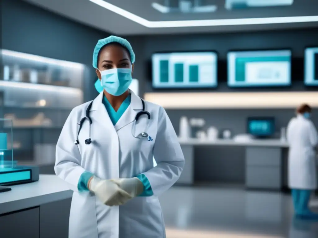 Profesional médico con PPE y pacientes distanciados Precauciones turismo médico COVID19: Imagen de moderna instalación médica con equipo avanzado y profesional usando PPE