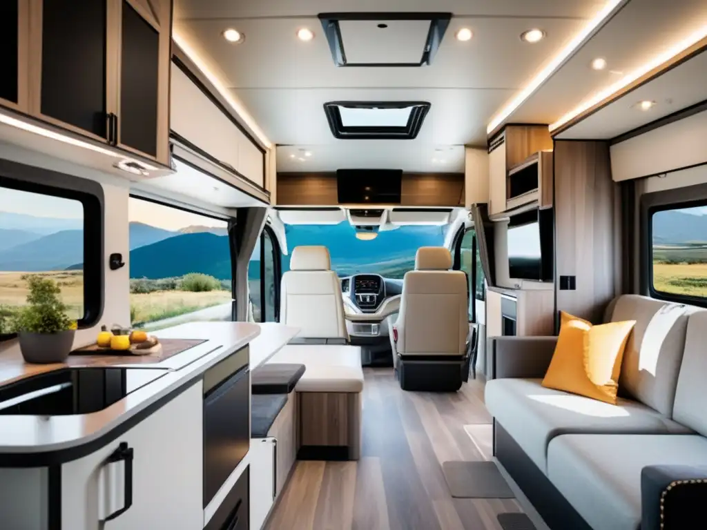 Interior accesible de motorhome para viajeros con movilidad reducida Una autocaravana moderna y accesible para viajeros con movilidad reducida, con diseño espacioso y seguro